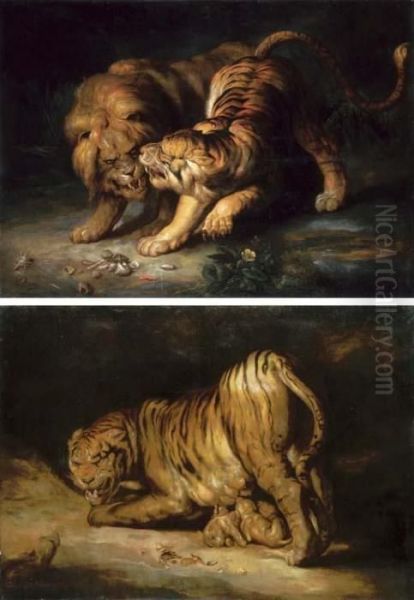 A Lion And Tiger In A Cave; A Tigress Protecting Her Cubs From A Snake by George Von Hamilton