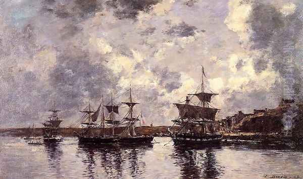 Camaret, Three Masters Anchored in the Harbor Oil Painting by Eugene Boudin