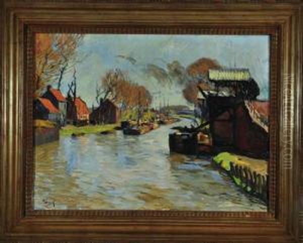 Vorfruhling Am Kanal Mit Kahnen Und Hausern Am Ufer Oil Painting by Hans von Hayek