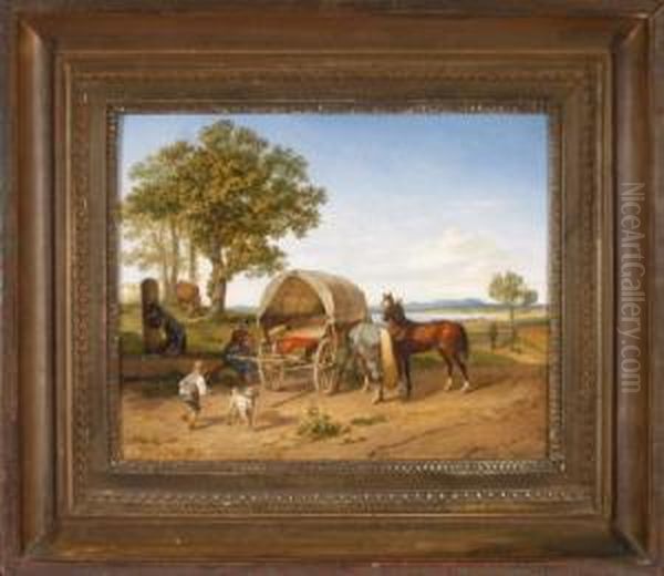 Rastende Familie Mit Planwagen An Einem Brunnen In Weiter Voralpenlandschaft Mit Einem See Im Hintergrund Oil Painting by Karl Wilhelm Von Heideck