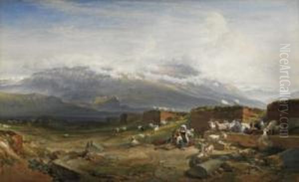 Italian Mountainous Landscape. Goatherds And Their Stock On An Ancient Ruin. Unreaderly Signed Below Left Oil Painting by Karl Wilhelm Von Heideck