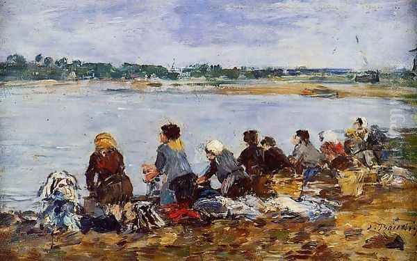 Laundresses on the Banks of the Touques IX Oil Painting by Eugene Boudin