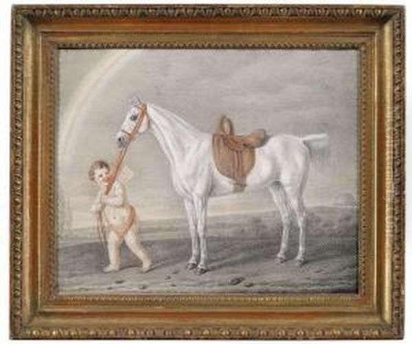 A Grey Horse With A Putto. Oil Painting by Peter Heinrich Lambert Von Hess