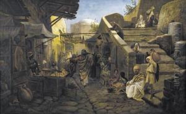 Belebte Strassenpartie In Palastina. Oil Painting by Peter Heinrich Lambert Von Hess