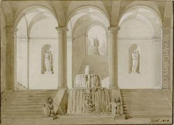 Architecture With Vaulted Hall Of Columns And Fountain Oil Painting by Philipp Friedrich Von Hetsch