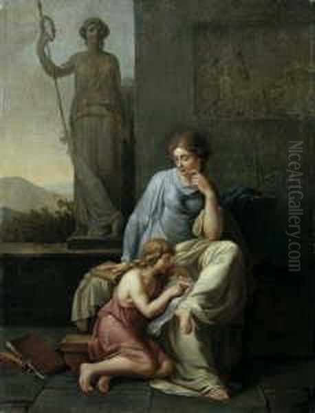 Umkreis Szene Aus Der Griechischen Sage. Junge Mutter Ihren Sohn Das Lesen Lehrend . Ol Auf Leinwand. H 86; B 66 Cm Oil Painting by Philipp Friedrich Von Hetsch