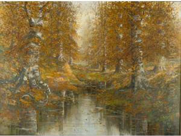 Large Autumn Birch Tree Landscape With Stream Oil Painting by Hubert Von Heyden