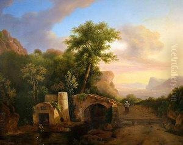 Figures By A Bridge With A Ruin Oil Painting by Franz Xaver Von Hofstetten