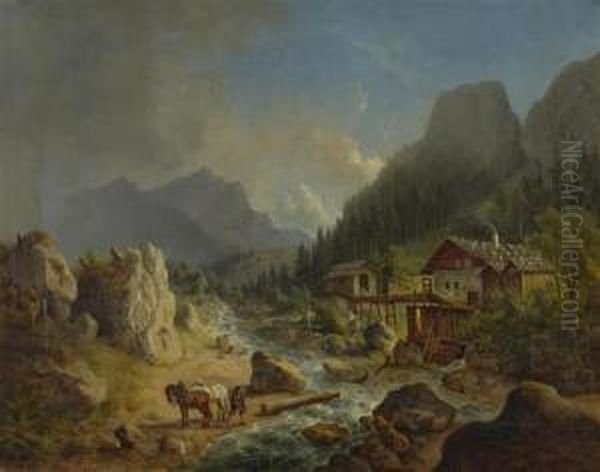 Gebirgslandschaft Mit Bach. 1841. Oil Painting by Franz Xaver Von Hofstetten