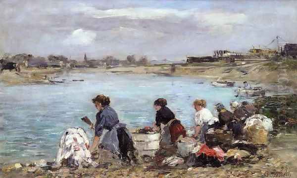 Laundresses on the Banks of the Touques 2 Oil Painting by Eugene Boudin