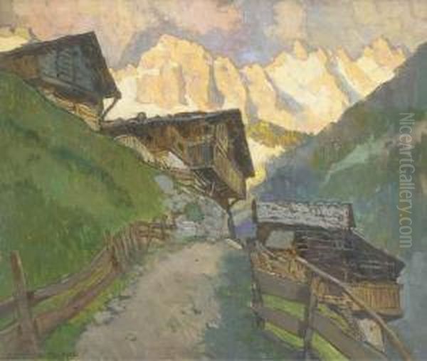 Grodner-tal, With The Alps Beyond Oil Painting by Julius Von Kaan-Albest