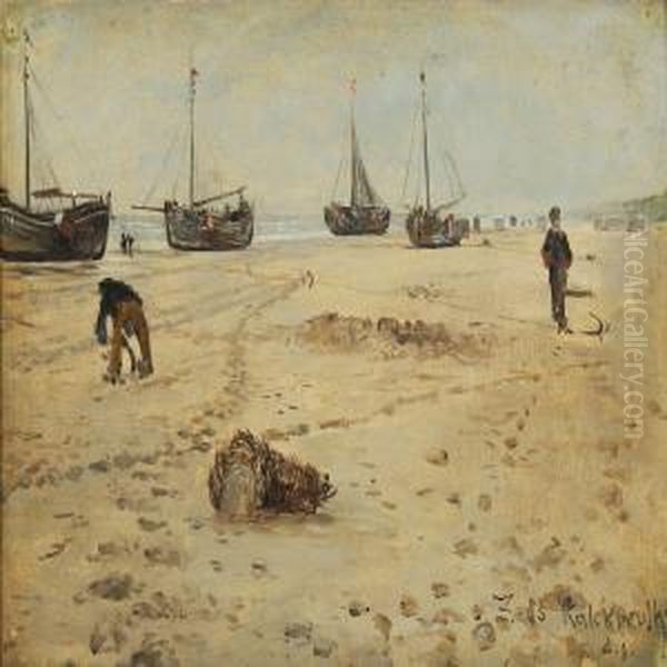 Coastal Scene With Fishing Boats On The Beach Of Friesland Oil Painting by Leopold Karl Walter von Kalckreuth