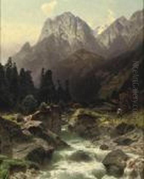 Along A Alpine River Oil Painting by Otto Werner Henning Von Kameke