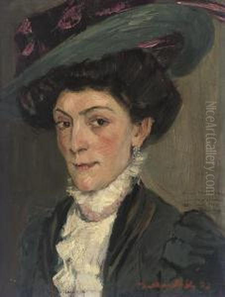 Portrait Of A Lady, Bust-length, In A Plumed Hat Oil Painting by Konrad Von Kardorff