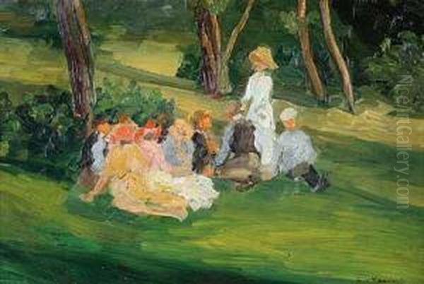 Kindergruppe Im Park Oil Painting by Konrad Von Kardorff