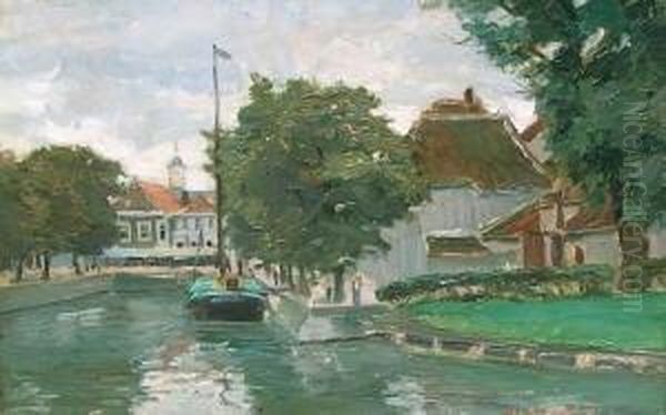 Kanal Mit Ankerndem Lastkahn In Sluis, Holland Oil Painting by Konrad Von Kardorff