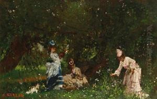 Ladies Picking Flowers Oil Painting by Albert von Keller