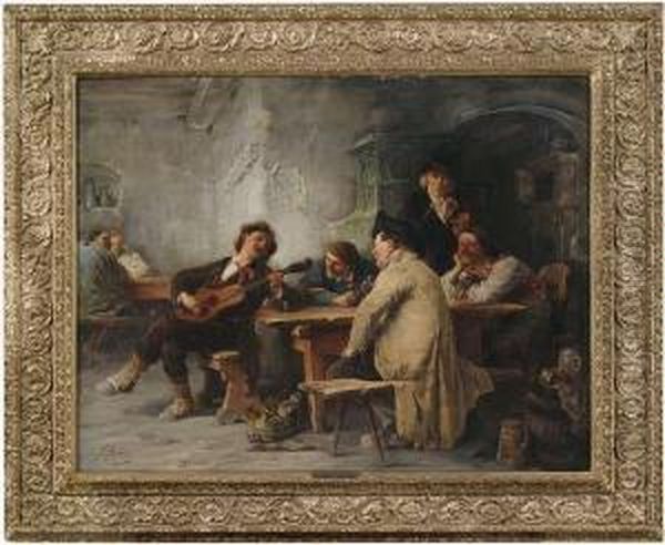 A Vagrant Minstrel In A Tavern. Oil Painting by Friedrich von Keller