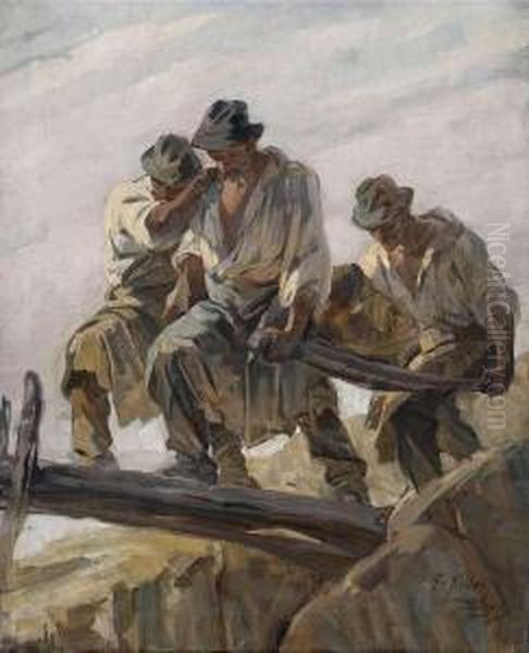 Stone Breakers At Work Oil Painting by Friedrich von Keller