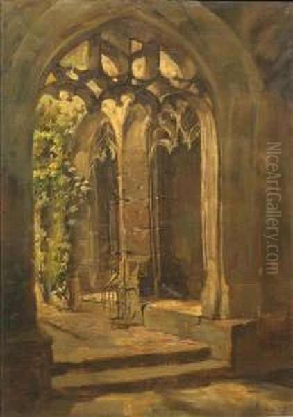 In A Gothic Cloister. Oil/canvas, Signed Oil Painting by Friedrich von Keller