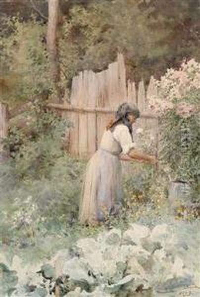 A Peasantwoman In Her Vegetable Garden Oil Painting by Ernestine Von Kirchsberg