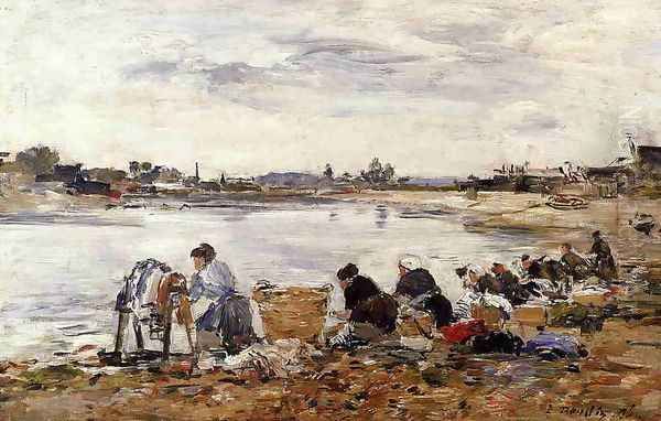 Laundresses on the Banks of the Touques IV Oil Painting by Eugene Boudin