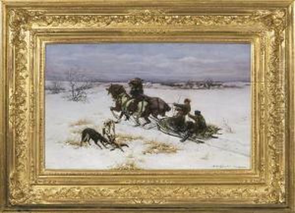 Hunting With Greyhounds Oil Painting by Bodhan Von Kleczynski