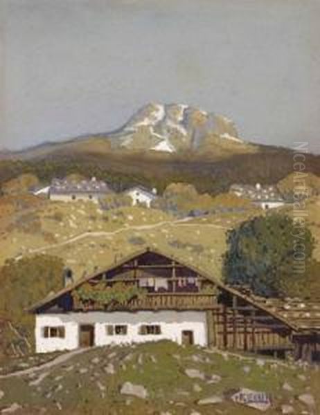 Tiroler Bauernhauser Auf Der Alm Oil Painting by Oskar Von Kleiner