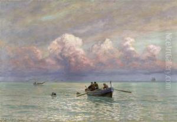 Fishermen At Sea Near Bodighera Oil Painting by Fritz Von Kleudgen