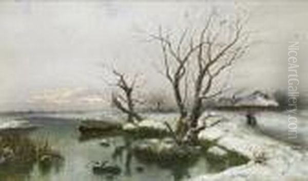 The Snowy Banks Of The River Oil Painting by Iulii Iul'evich (Julius) Klever