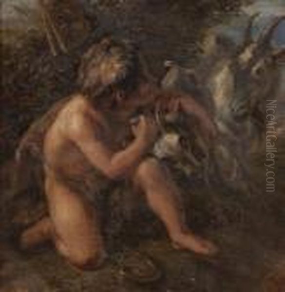 Boy With Goat Oil Painting by August Von Kloeber