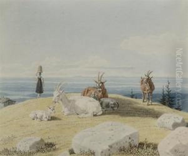 Goats On A Hilltop Oil Painting by Wilhelm Alexander W. Von Kobell