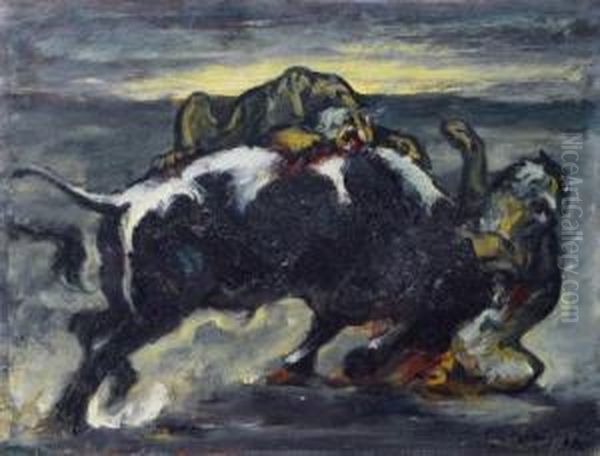 Kampf Zwischen Stier Und Zwei Tigern Oil Painting by Leo Von Konig