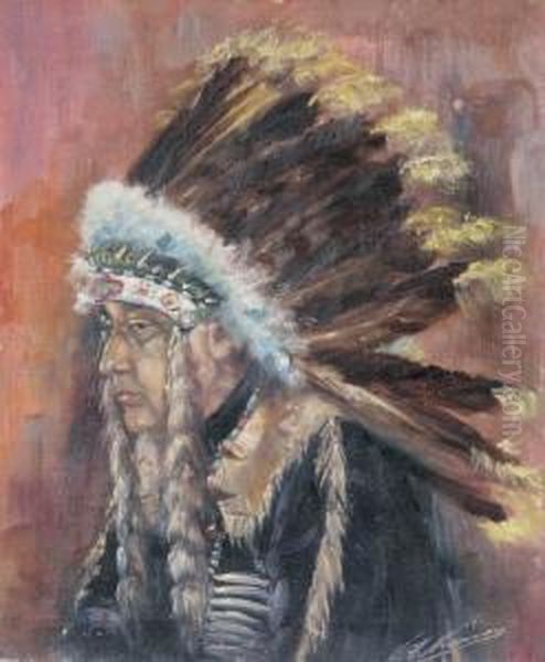 An Indian Chief Oil Painting by Joseph Von Kramer