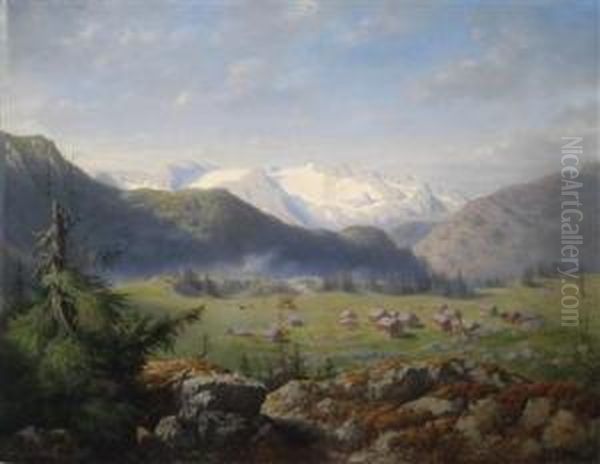 Wildensee Alm Mit Blick Auf Den Dachstein Oil Painting by Carl Von Kratzer