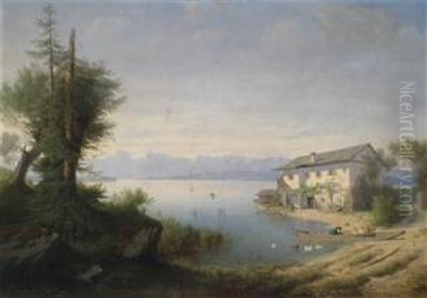 Large Landscapewith Lake Oil Painting by Carl Von Kratzer