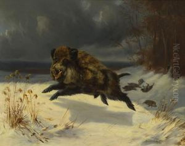 Keiler Auf Der Flucht Oil Painting by Oskar Von Krockow Von Wickerode