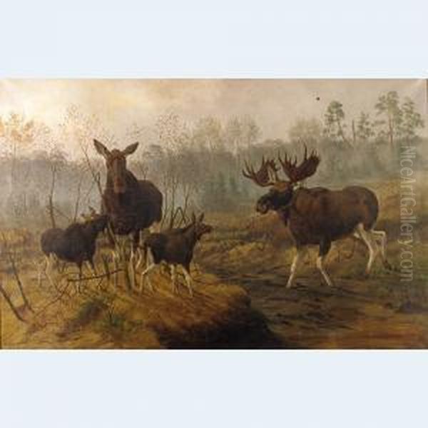 Moose Family In A Landscape Oil Painting by Oskar Von Krockow Von Wickerode