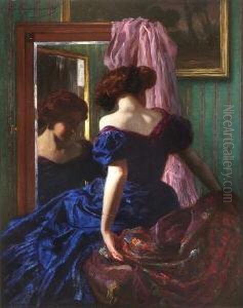 Dame In Blauem Kleid Oil Painting by Ludwig Von Langenmantel