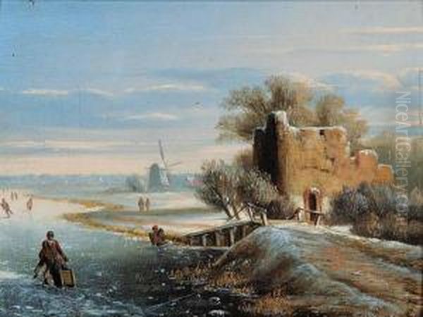 Untitled - Dutch Winter Scene Oil Painting by Johann Peter Von Langer