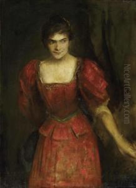 Portrait Of A Young Woman Wearing A Red Dress Oil Painting by Franz von Lenbach