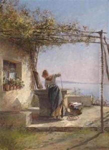 Washer Girl By The Well Oil Painting by Leo Von Littrow