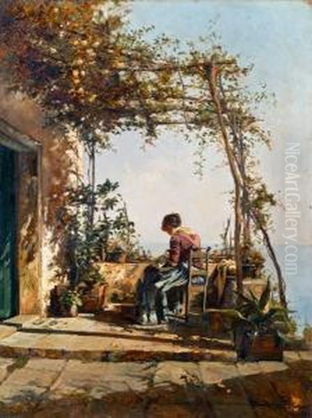 Naherin Auf Terrasse Oil Painting by Leo Von Littrow