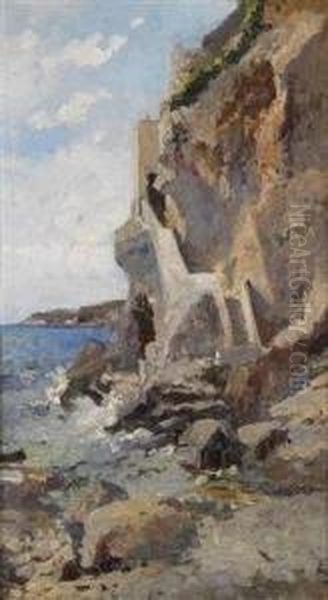 On The Rockycoast Oil Painting by Leo Von Littrow