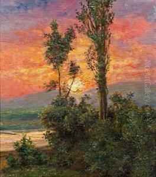 Sonnenuntergang An Der Donau Oil Painting by Leo Von Littrow