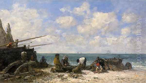 Etretat: Fishermen on the Beach Oil Painting by Eugene Boudin