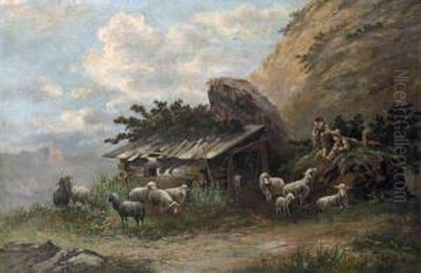 Young Shepherds In A Mountain Landscape Oil Painting by Frederick Von Luerzer