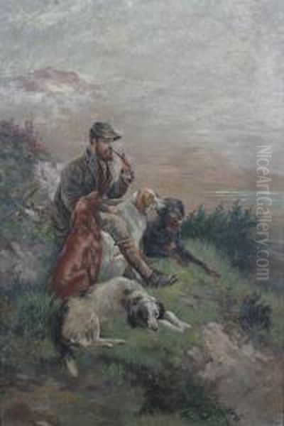 Hunter With Dogs Oil Painting by Frederick Von Luerzer