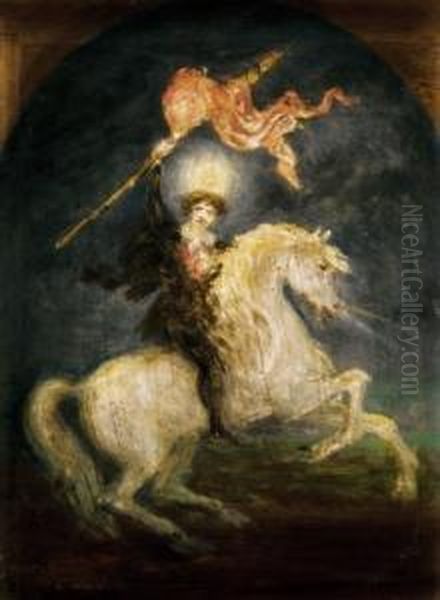 Resurrection (petofi On Horse-back) - The Prefiguration Of The Painter's Great Oil Picture About Petofi, One Of The Greatest Hungarian Poets, About 1913 Oil Painting by Viktor Von Madarasz