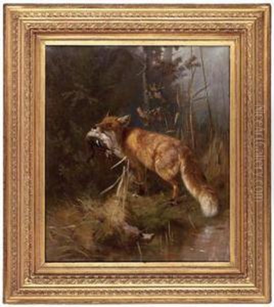 Fuchs Mit Beute In Waldlichtung Oil Painting by Guido Von Maffei